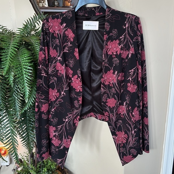BCBGeneration Black & Pink Floral Draped Blazer Satin Lined Suit Jacket Office - Picture 2 of 13